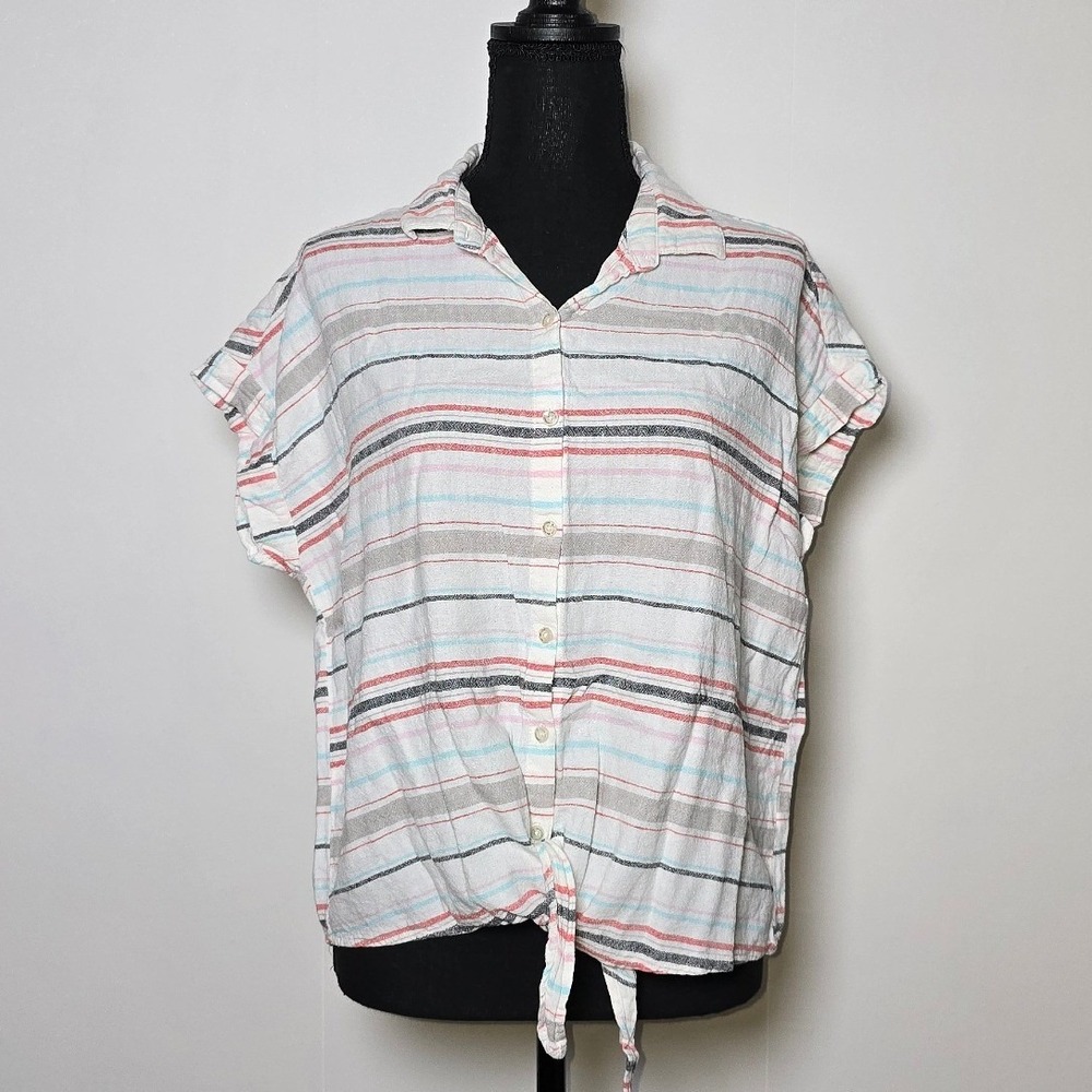 Weatherproof Vintage Women's Linen Button Front Top M Pastel Striped Tie Front